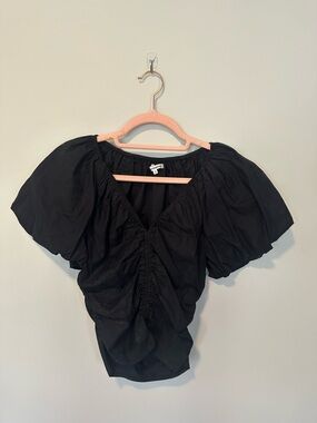 Reformation Black V-Neck Ruched Puff Sleeve Blouse